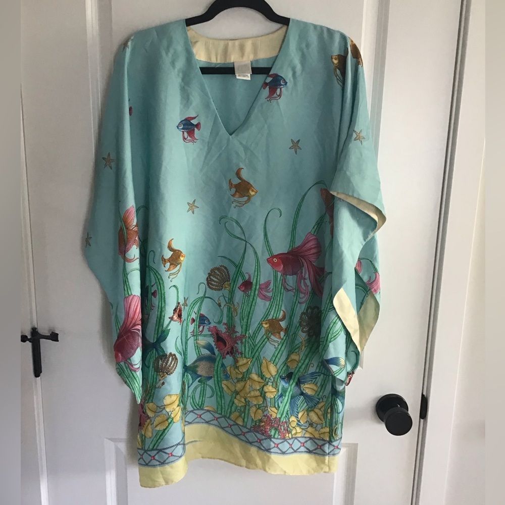 Natori Swim Cover-Up Tunic Short Sleeve Fish Reef Ocean  Size S